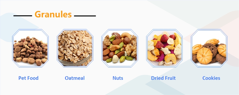 Typical granular products, for bag packaging machine application